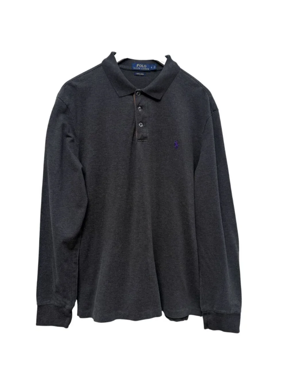 POLO Ralph Lauren Long Sleeve Polo Shirt Large Gray w/ Purple Pony Pique Suede